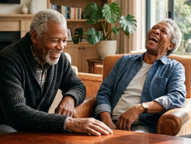 Two elderly men laughing together on a sofa in a cozy living room, enjoying a moment of camaraderie.
